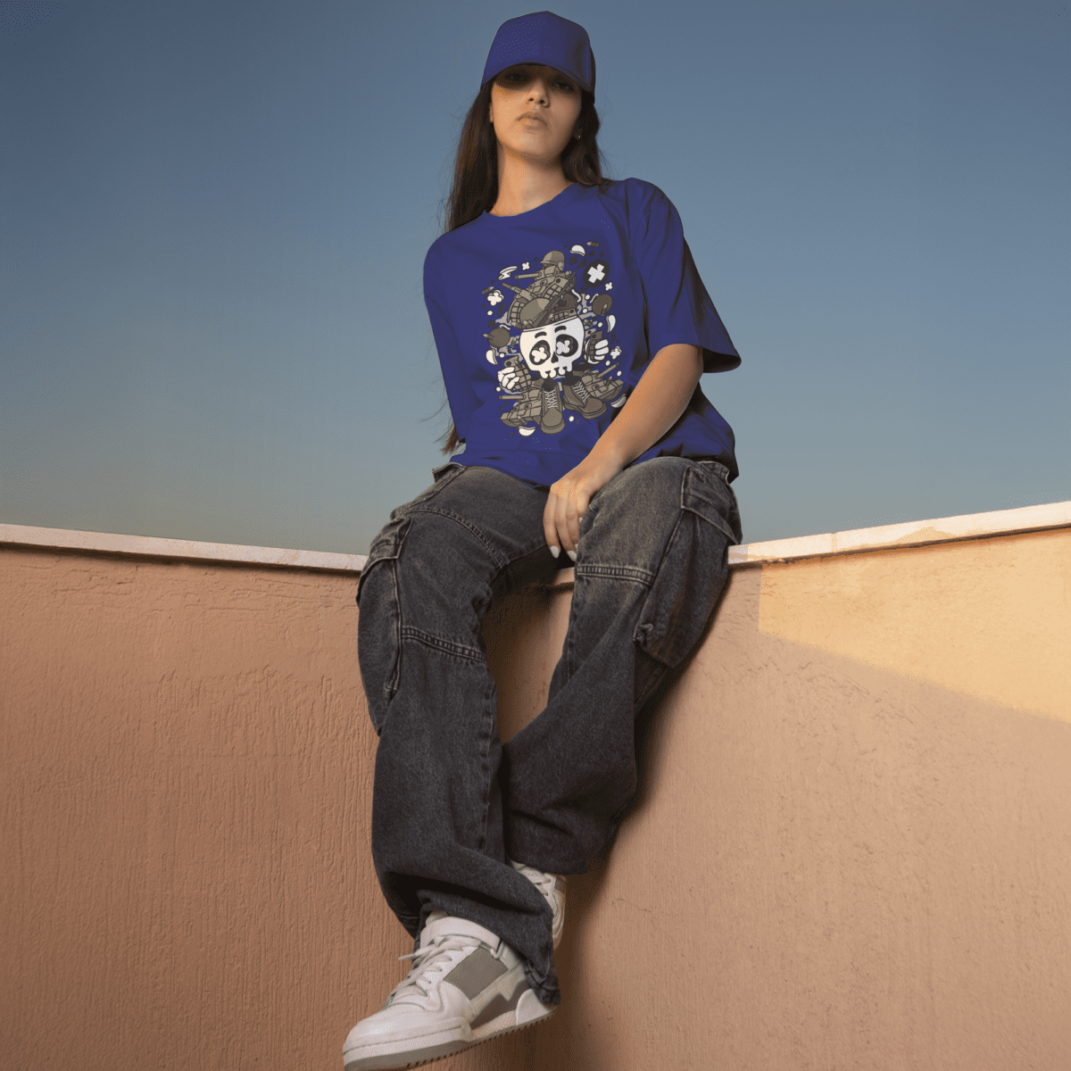 Funkyolo navy oversized tee featuring skull head artwork