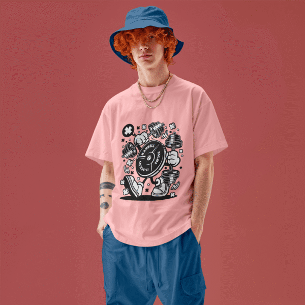 Pastel pink oversized t-shirt with gym quote and barbell graphic β Funkyolo
