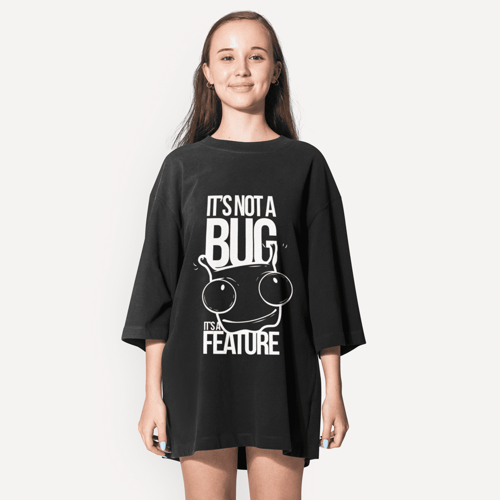 Black oversized graphic t-shirt with techie quote β Itβs not a bug, itβs a feature β Funkyolo